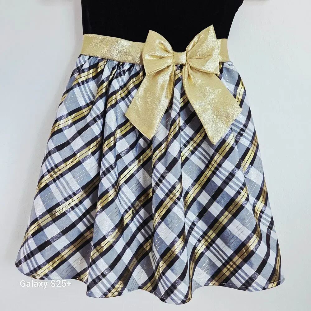 Biscotti Collezioni Girls Holiday Dress Size 5 Black Velvet Gold Plaid